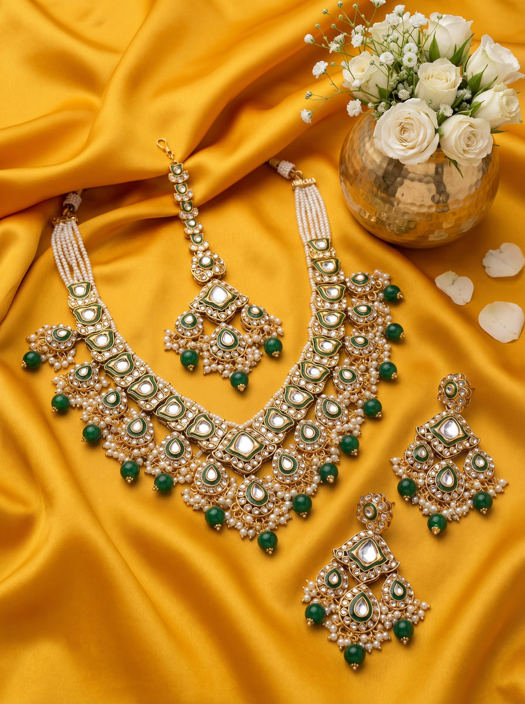 myFashion Green Kundan V-Shape Necklace Set with Pearls | Bridal Jewellery Set with Earrings & Maang Tikka