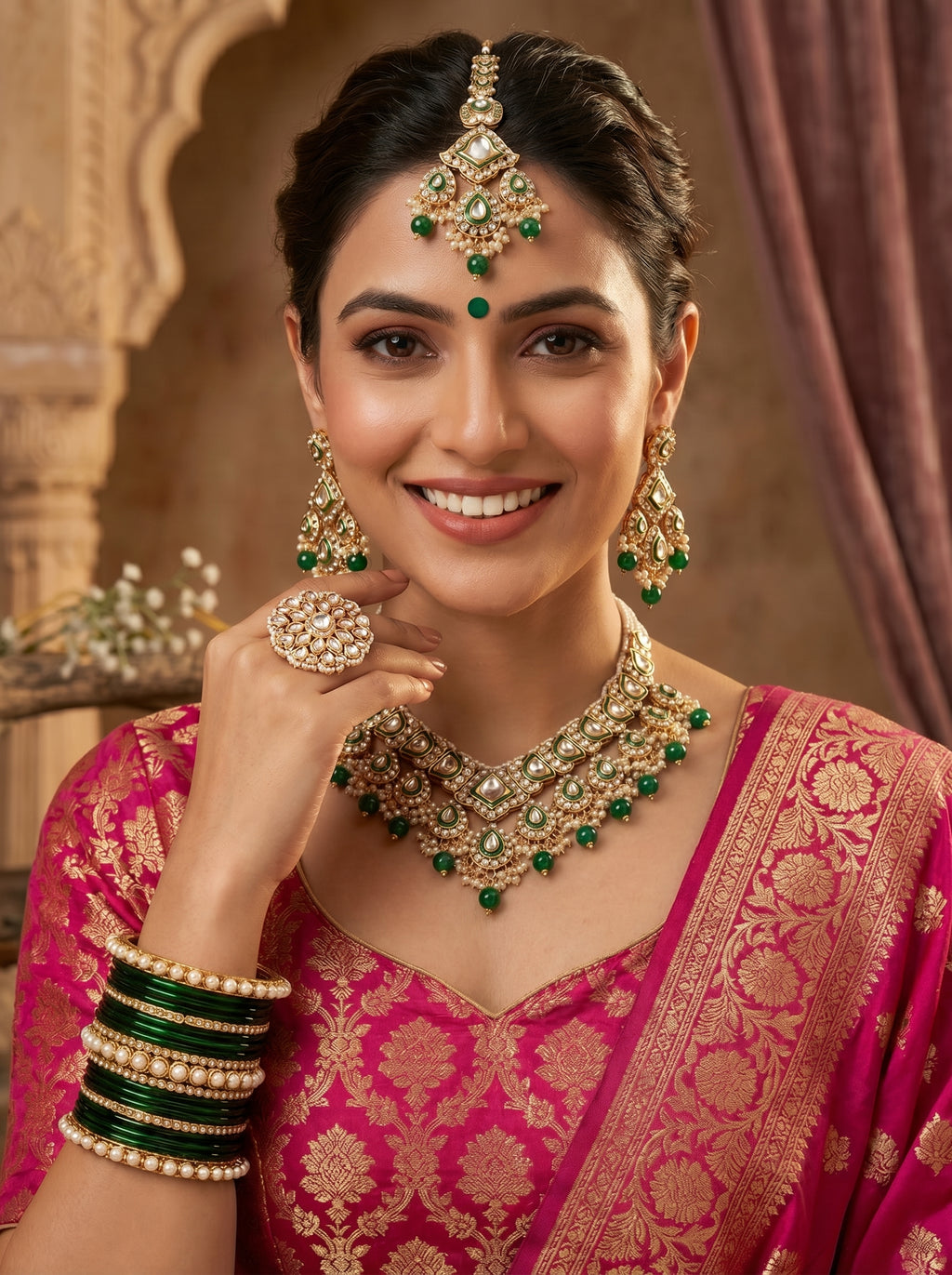 myFashion Green Kundan V-Shape Necklace Set with Pearls | Bridal Jewellery Set with Earrings & Maang Tikka