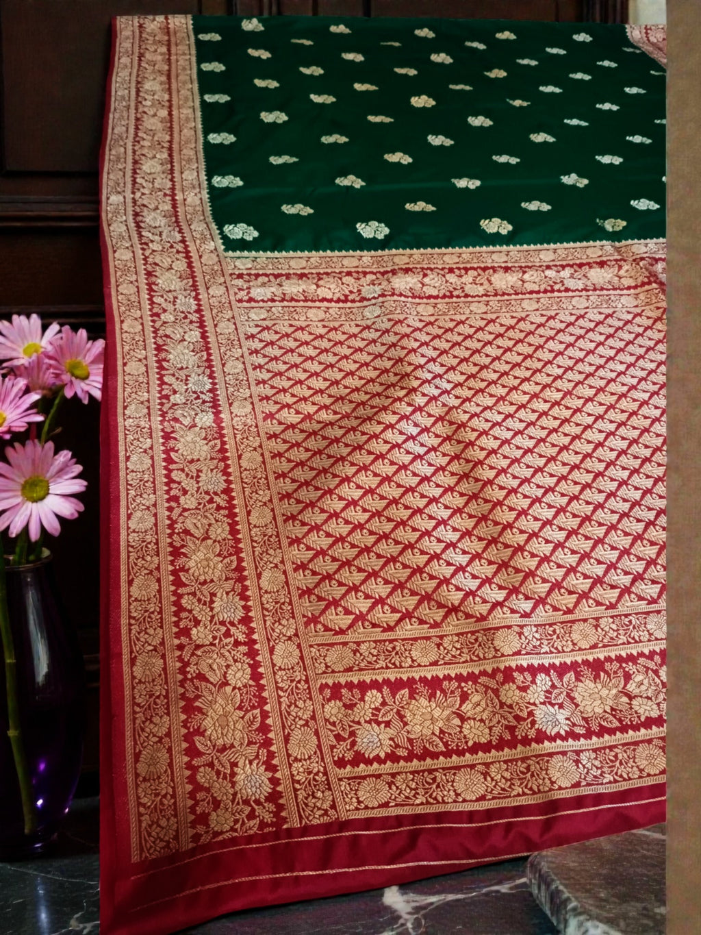 Royal Green and Red Banarasi Semi Katan Silk Saree with Gold Zari Weaving & contrast Rich Pallu