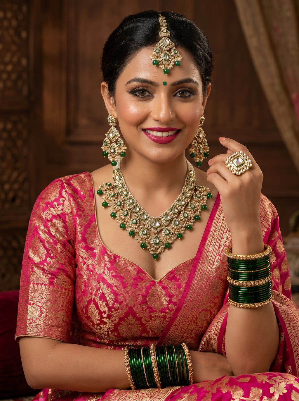 myFashion Green Kundan V-Shape Necklace Set with Pearls | Bridal Jewellery Set with Earrings & Maang Tikka