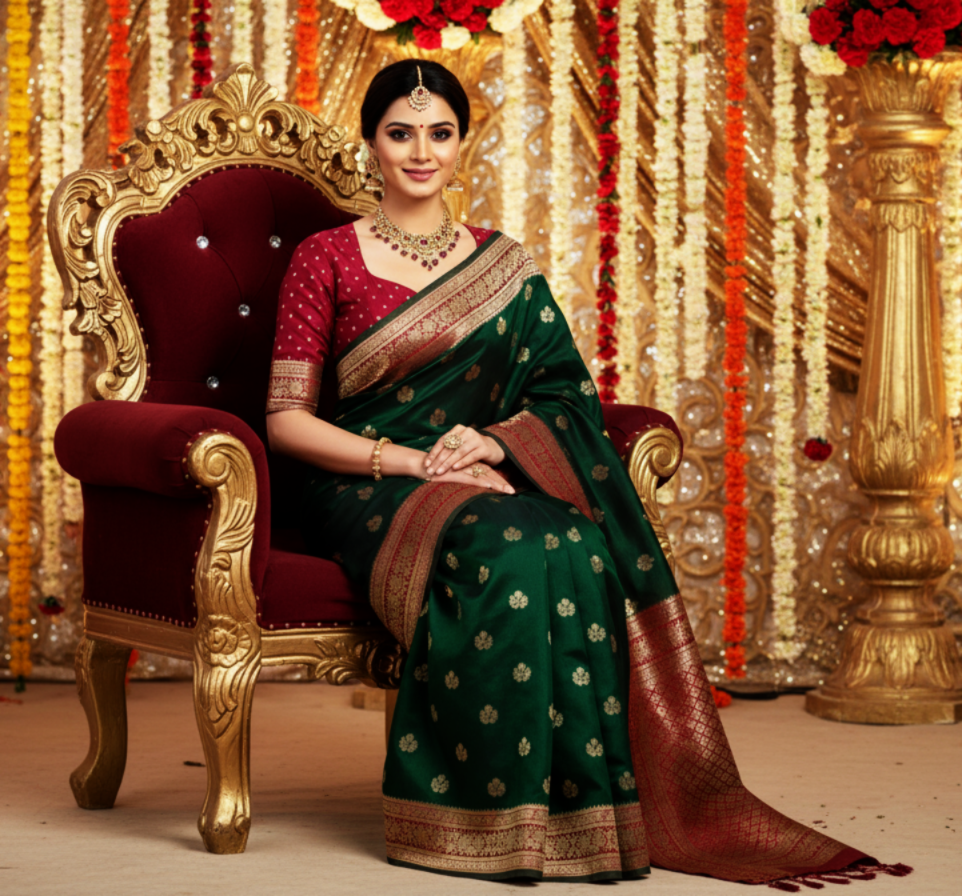 Royal Green and Red Banarasi Semi Katan Silk Saree with Gold Zari Weaving & contrast Rich Pallu