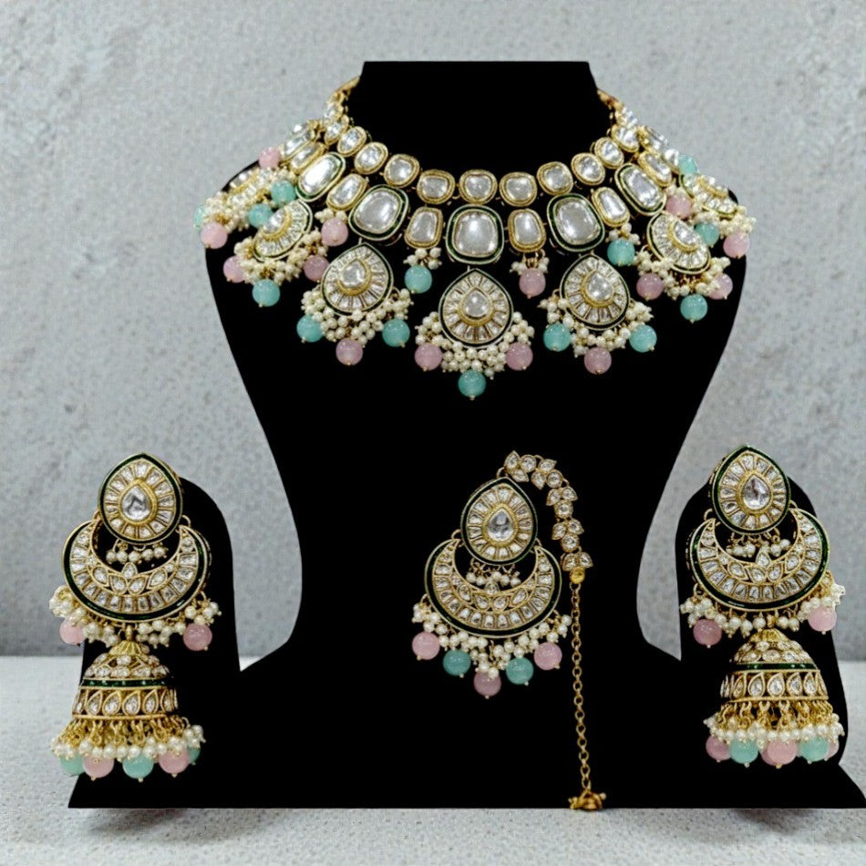 myFashion Statement Kundan Choker Necklace Set with Pearls & Pastel Pink Green Beads | Semi Bridal Jewellery Set with Earrings & Maang Tikka
