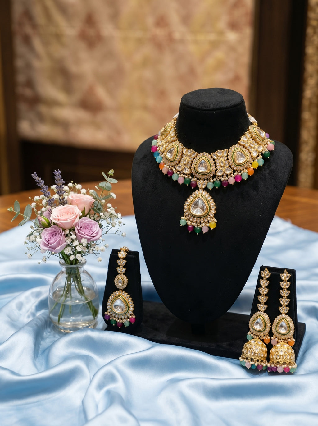 myFashion Multicolor Kundan Choker Necklace Set with Pearl Strands | Bridal Jewellery Set with Jhumka Earrings & Maang Tikka