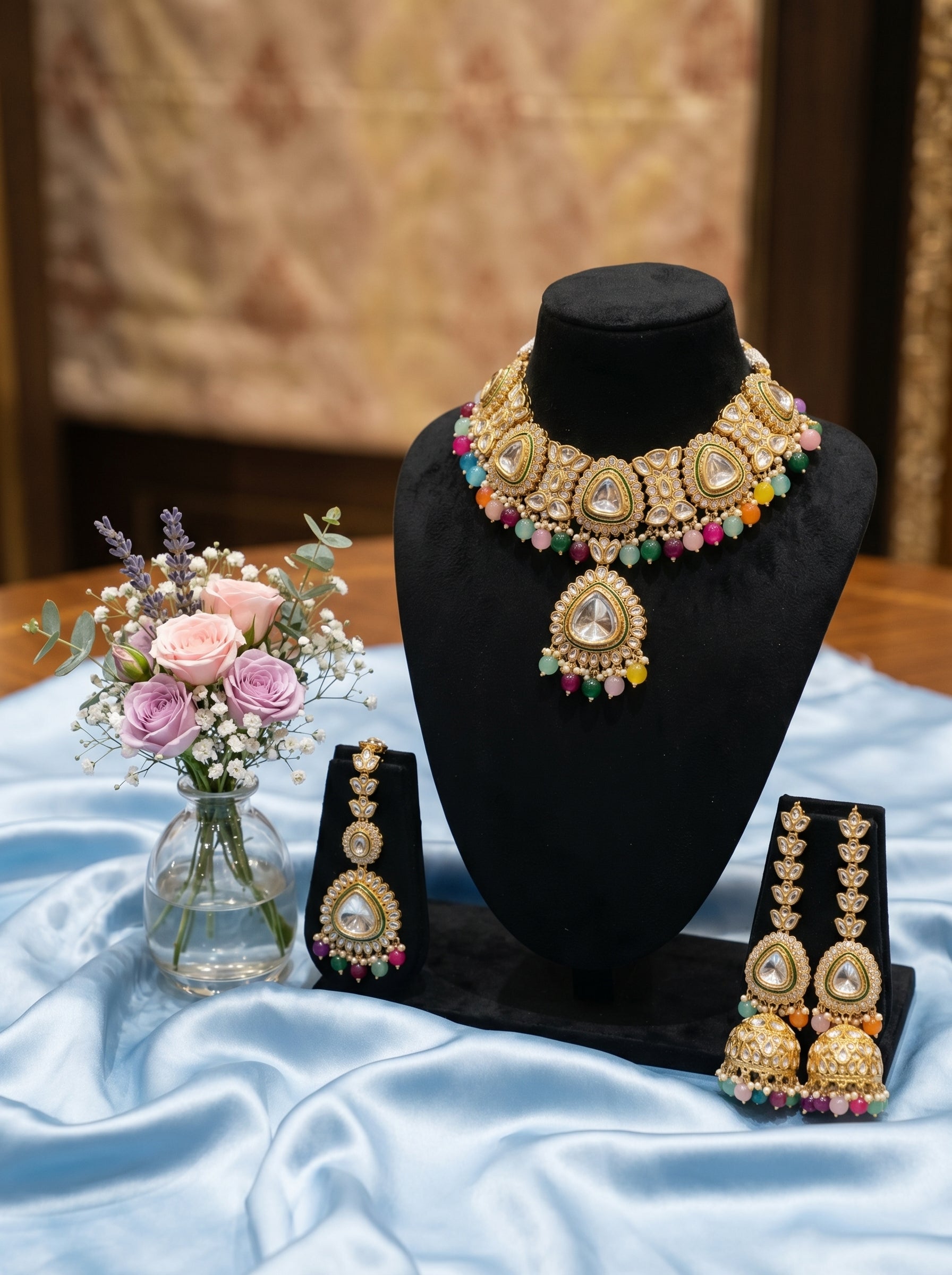 myFashion Multicolor Kundan Choker Necklace Set with Pearl Strands | Bridal Jewellery Set with Jhumka Earrings & Maang Tikka