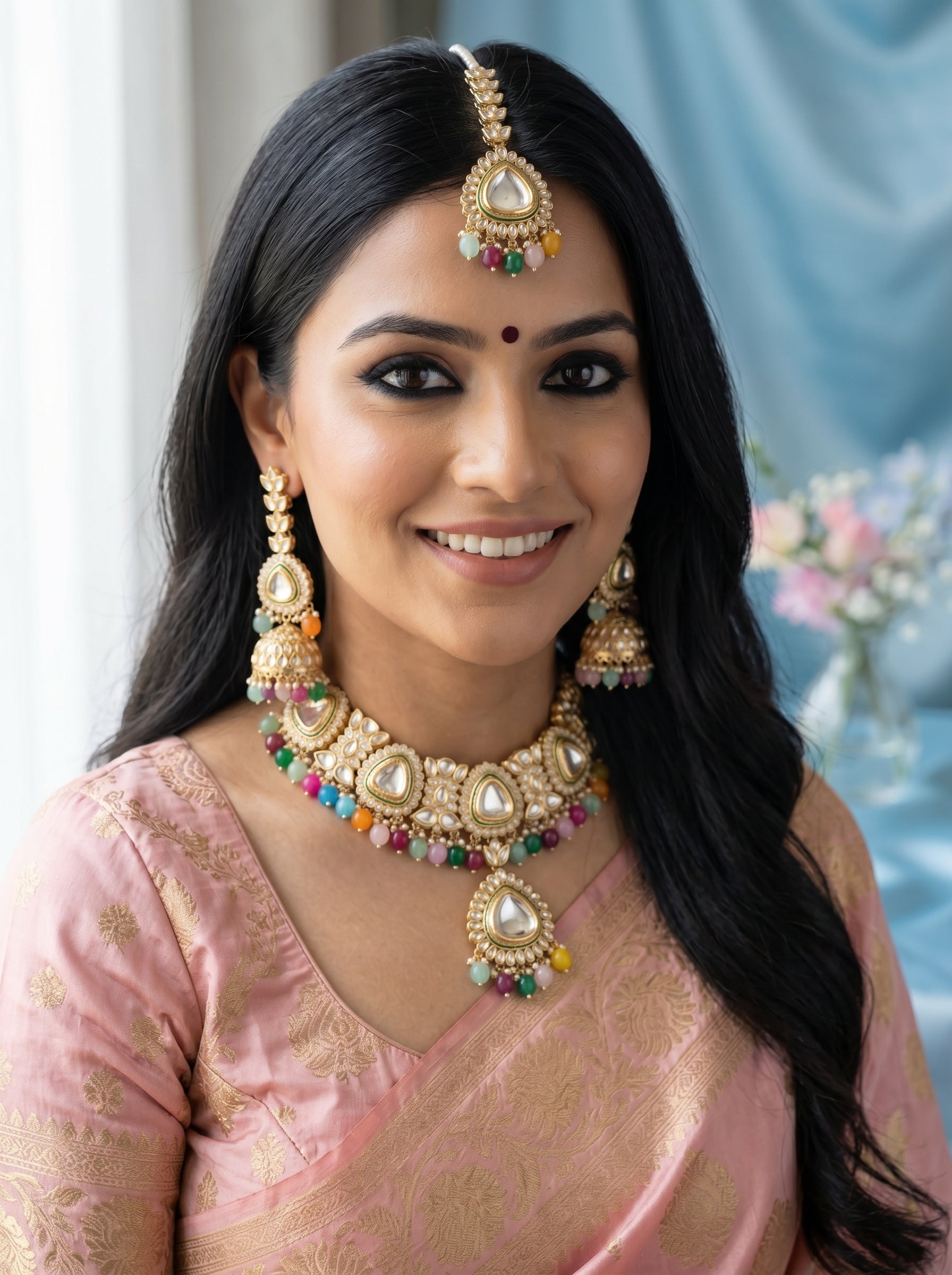 myFashion Multicolor Kundan Choker Necklace Set with Pearl Strands | Bridal Jewellery Set with Jhumka Earrings & Maang Tikka