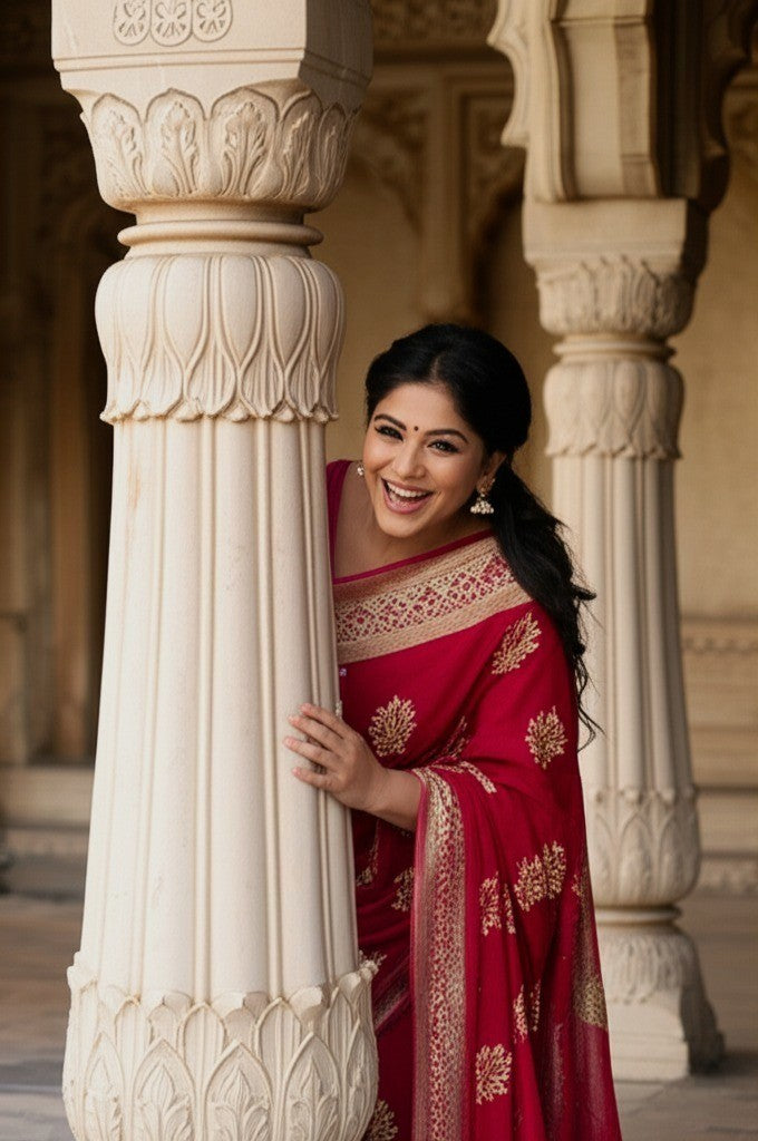 Maroon Banarasi Khadi Chiffon Saree with Rich Zari Buti & Woven Border | Premium Festive & Wedding Saree for Women