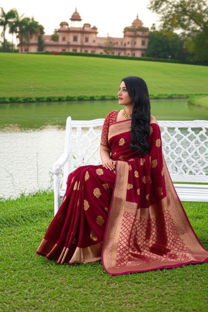 Maroon Banarasi Khadi Chiffon Saree with Rich Zari Buti & Woven Border | Premium Festive & Wedding Saree for Women