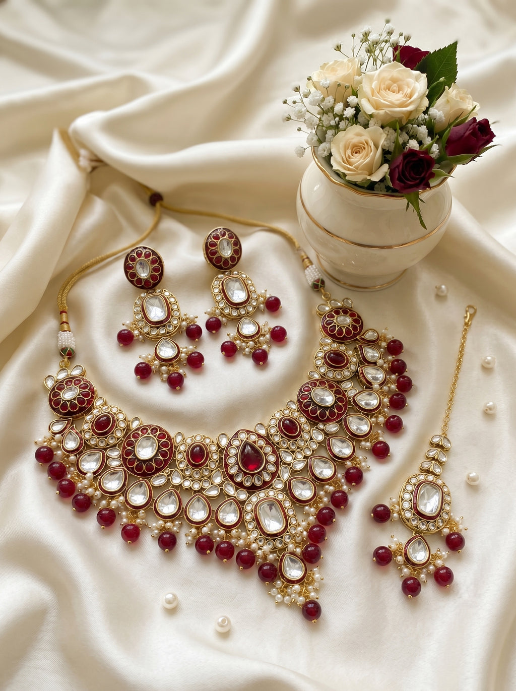 myFashion Maroon Kundan Choker Necklace Set with Beads | Bridal Jewellery Set with Earrings & Maang Tikka