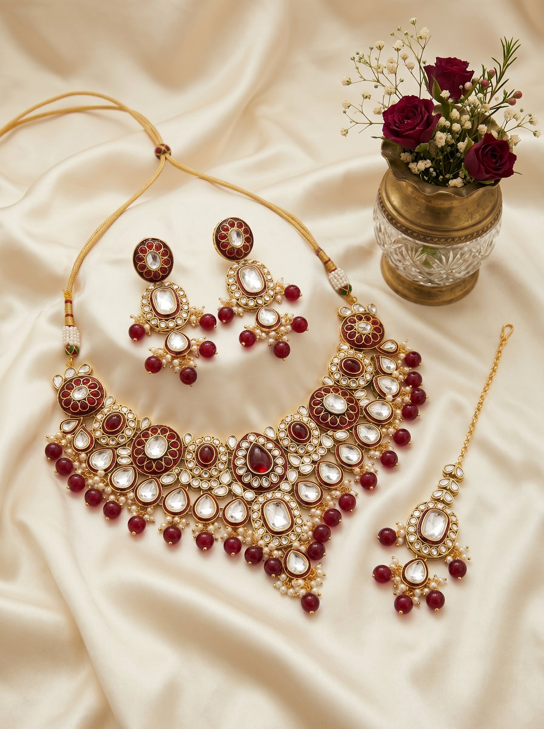 myFashion Maroon Kundan Choker Necklace Set with Beads | Bridal Jewellery Set with Earrings & Maang Tikka