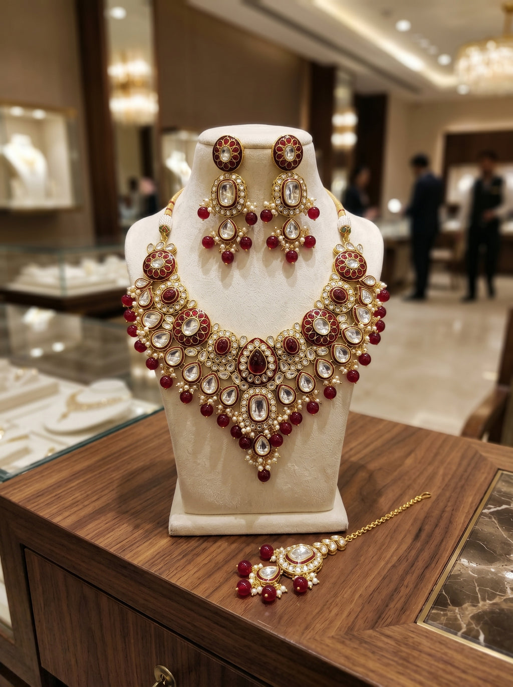 myFashion Maroon Kundan Choker Necklace Set with Beads | Bridal Jewellery Set with Earrings & Maang Tikka