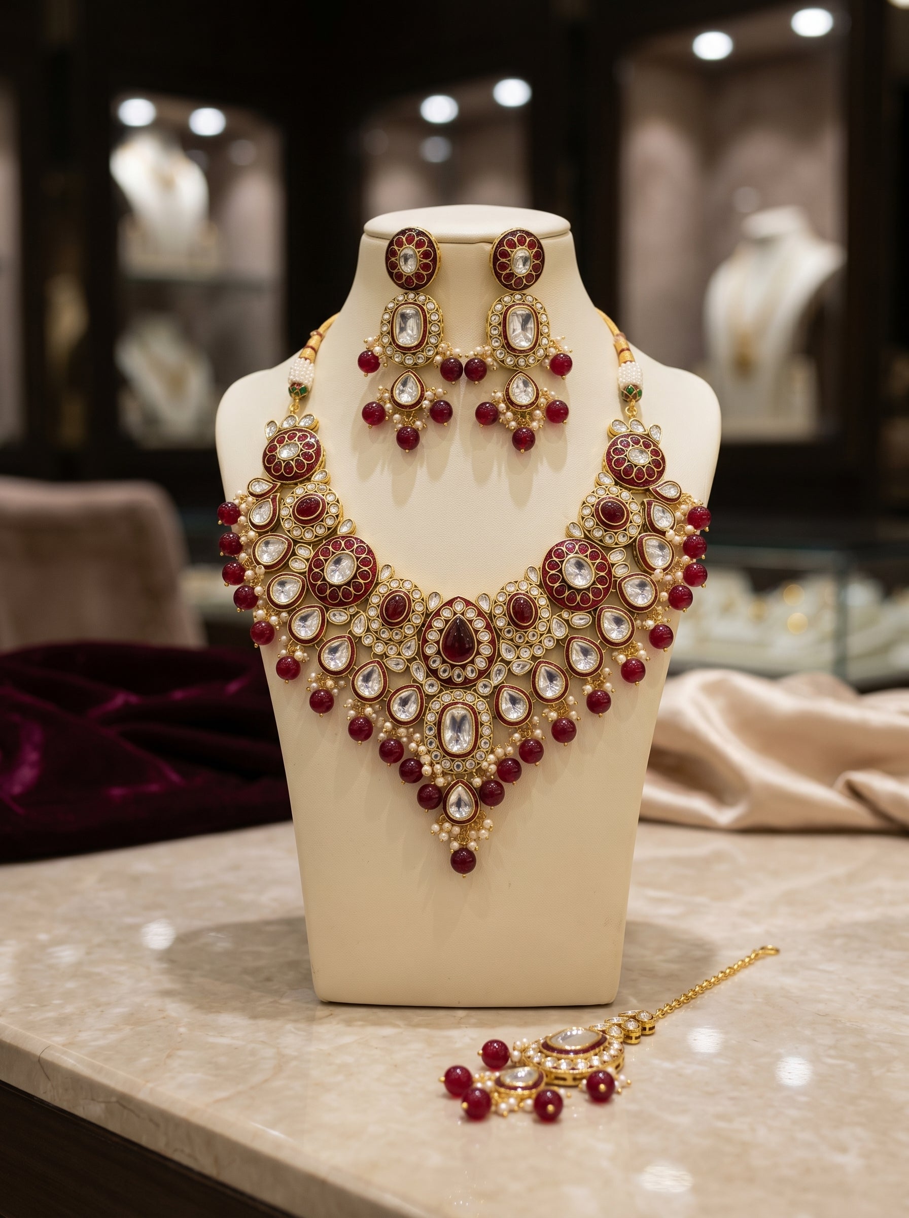 myFashion Maroon Kundan Choker Necklace Set with Beads | Bridal Jewellery Set with Earrings & Maang Tikka