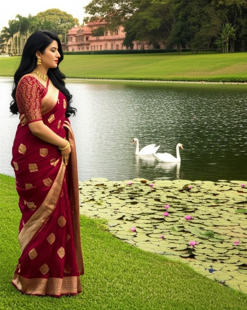 Maroon Banarasi Khadi Chiffon Saree with Rich Zari Buti & Woven Border | Premium Festive & Wedding Saree for Women