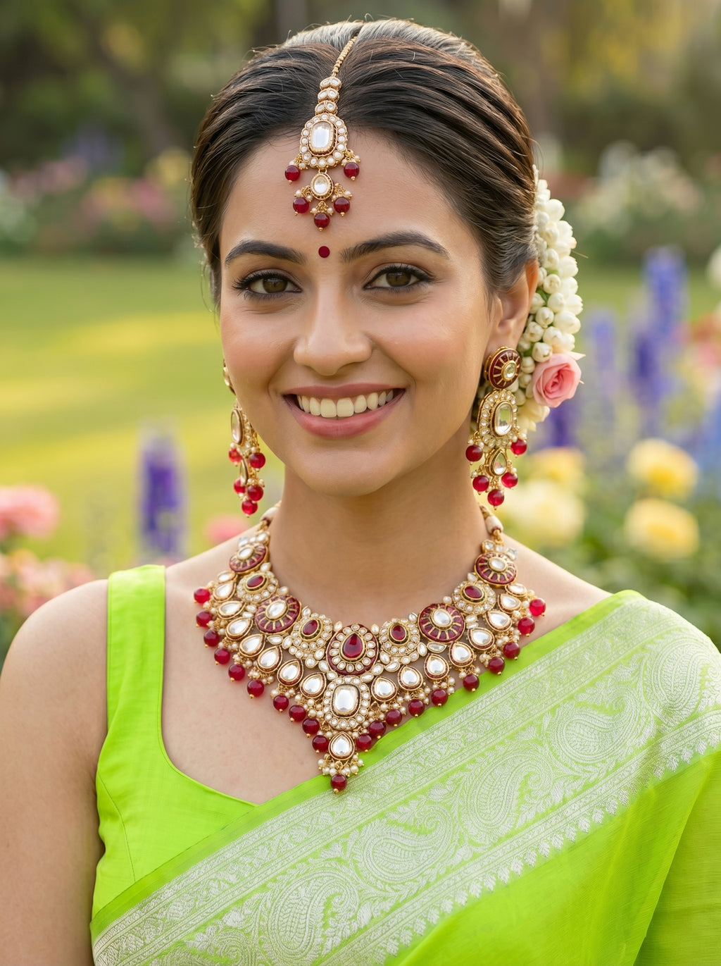 myFashion Maroon Kundan Choker Necklace Set with Beads | Bridal Jewellery Set with Earrings & Maang Tikka