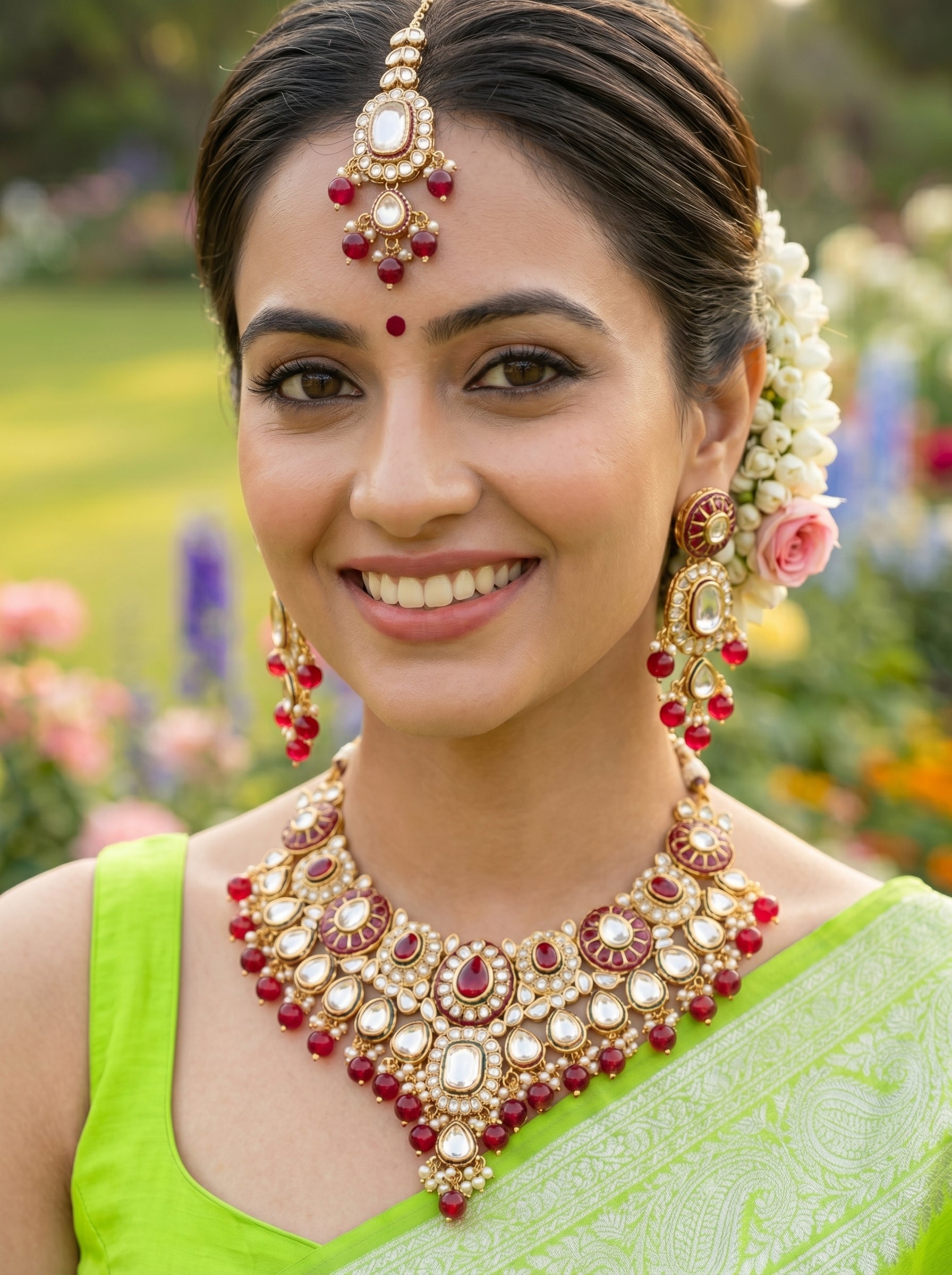 myFashion Maroon Kundan Choker Necklace Set with Beads | Bridal Jewellery Set with Earrings & Maang Tikka