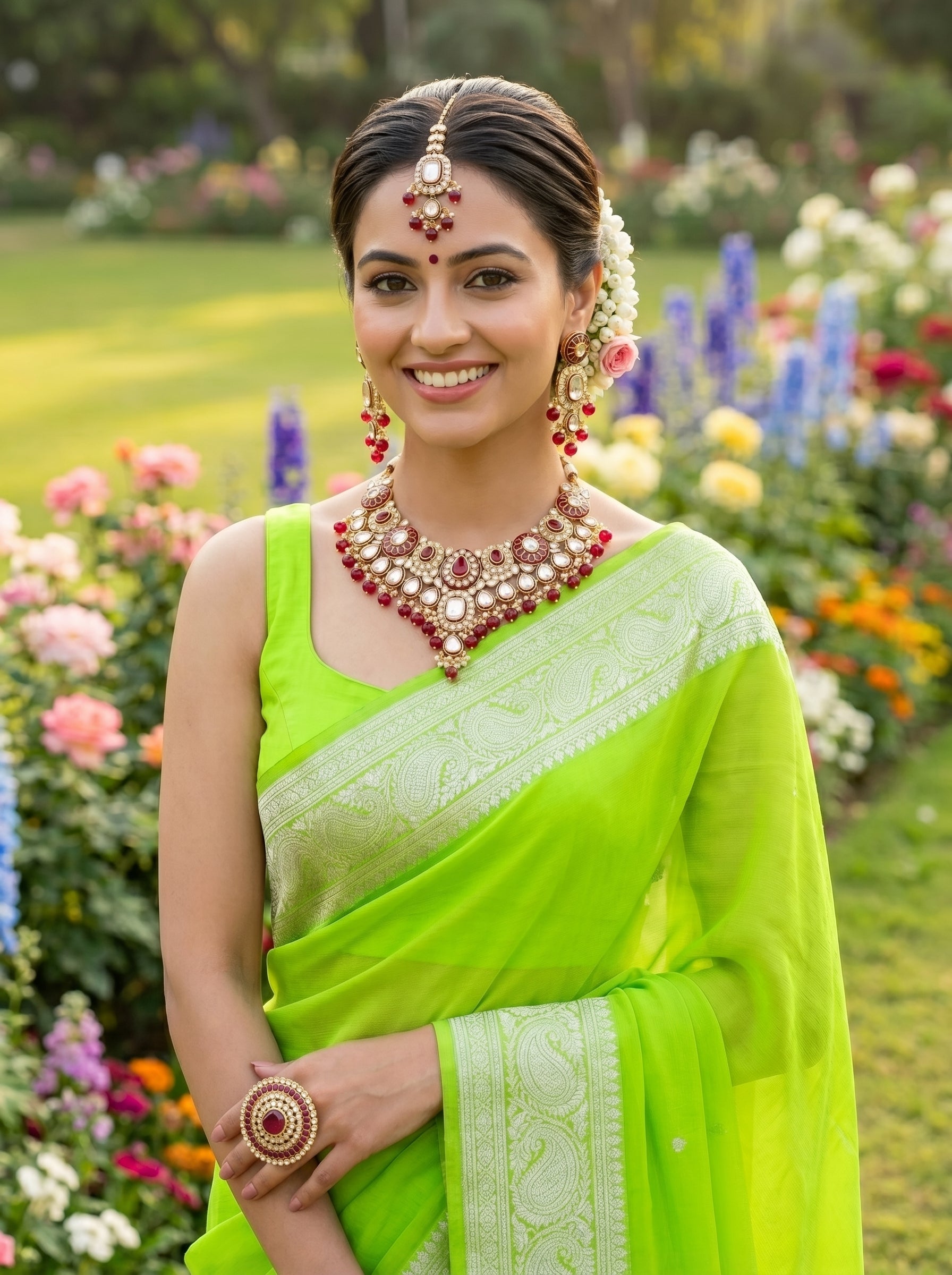 myFashion Maroon Kundan Choker Necklace Set with Beads | Bridal Jewellery Set with Earrings & Maang Tikka