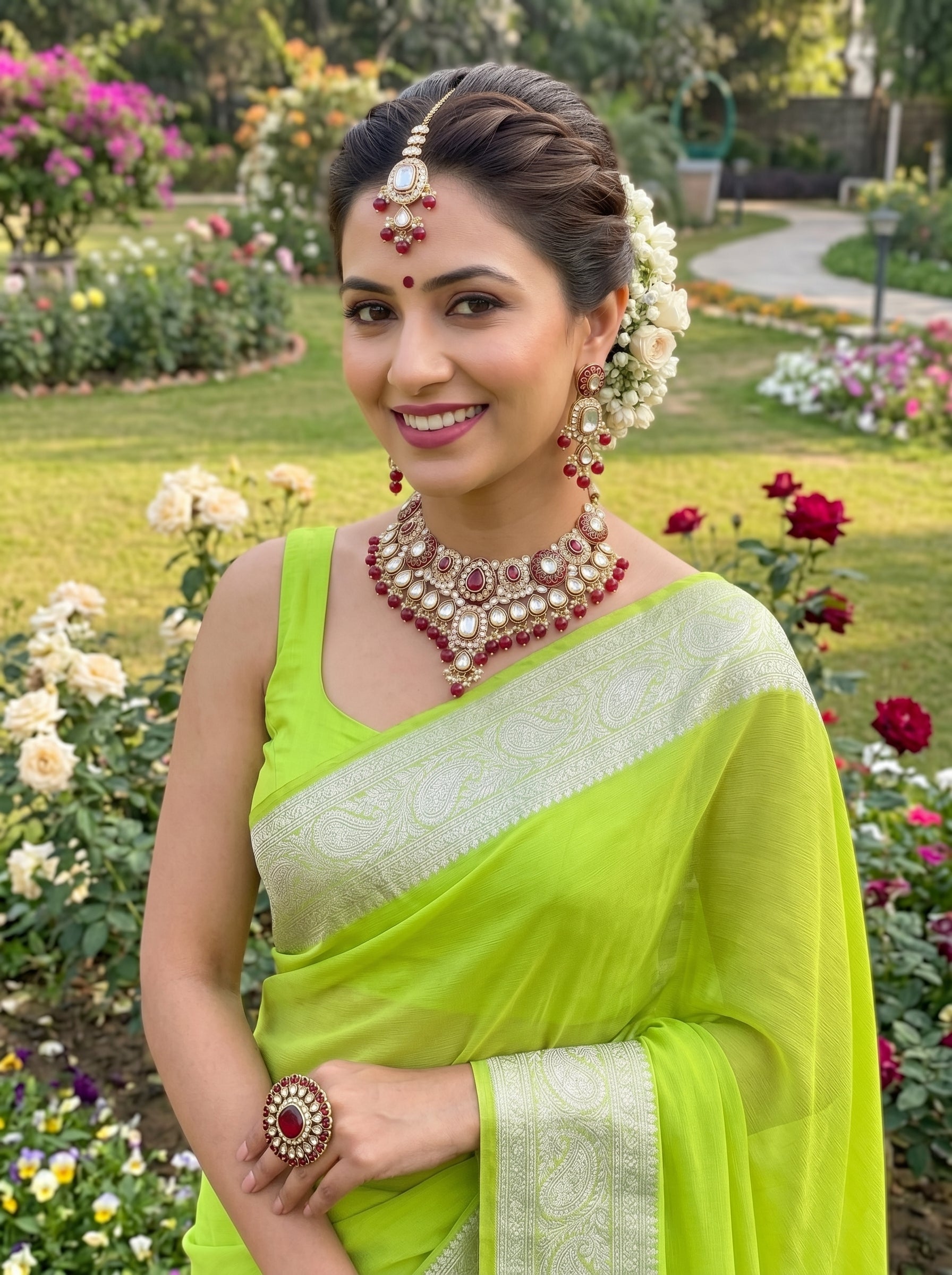 myFashion Maroon Kundan Choker Necklace Set with Beads | Bridal Jewellery Set with Earrings & Maang Tikka