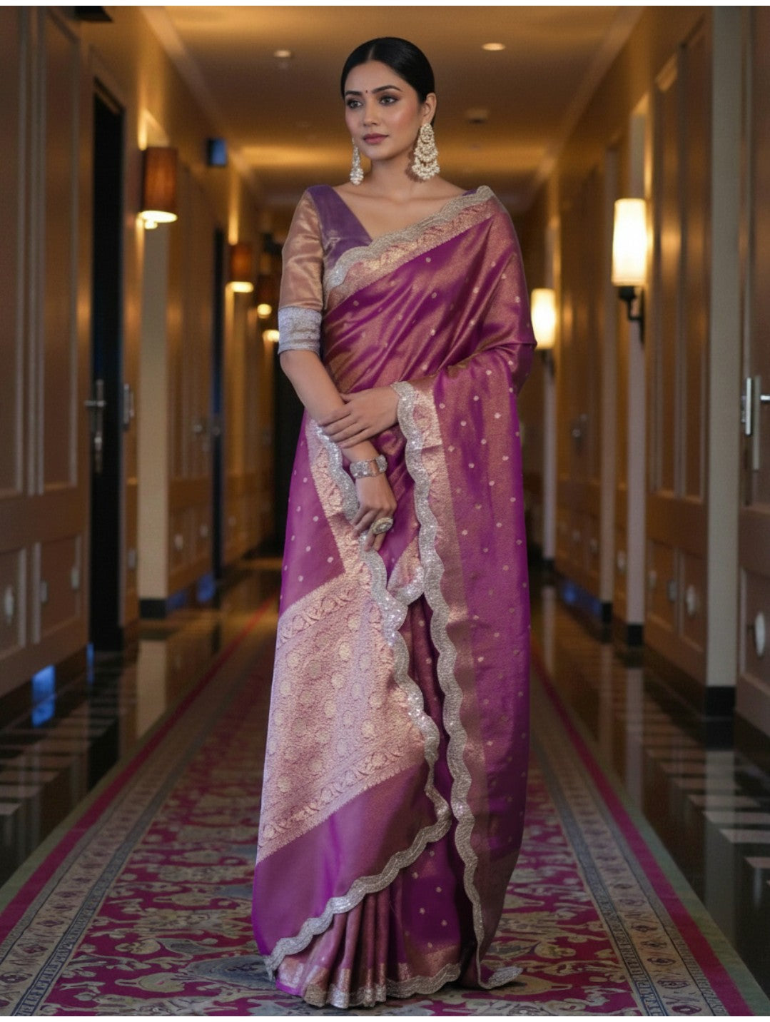 Mauve Banarasi Tissue Saree with Antique Zari Border