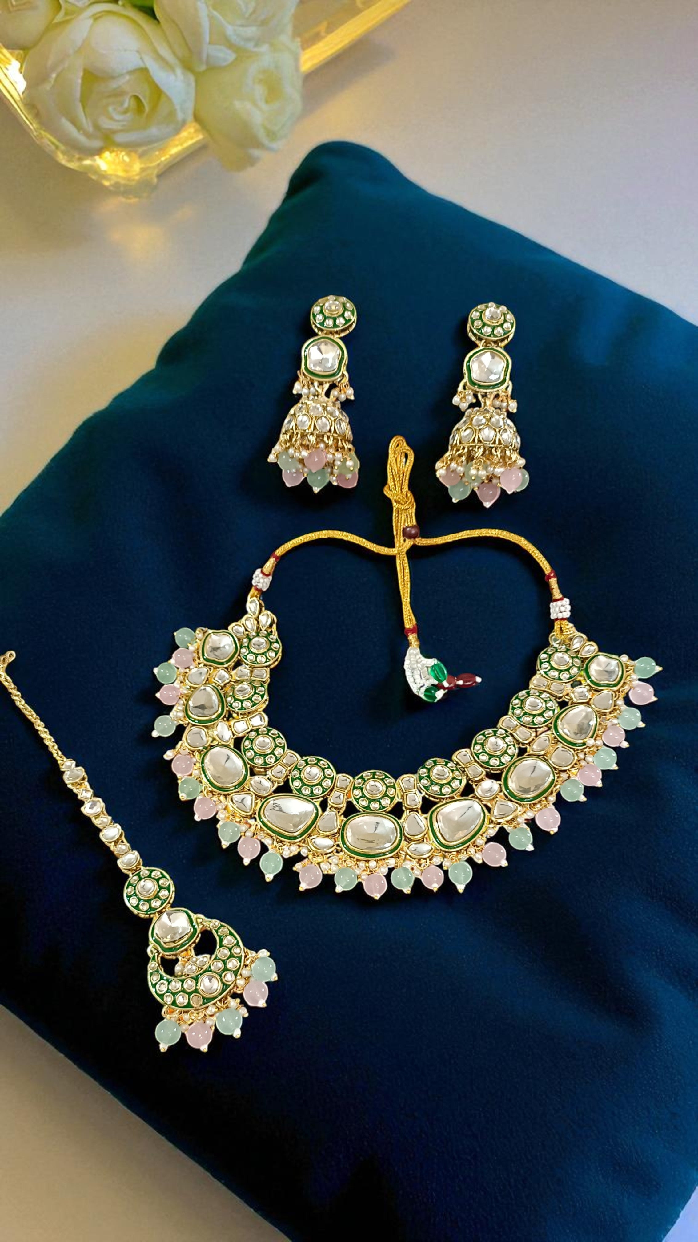 Bridal Kundan Choker Necklace Set with Jhumka Earrings & Maang Tikka – Traditional Indian Wedding Jewellery (Purple/White / Green / Mint & Pink)