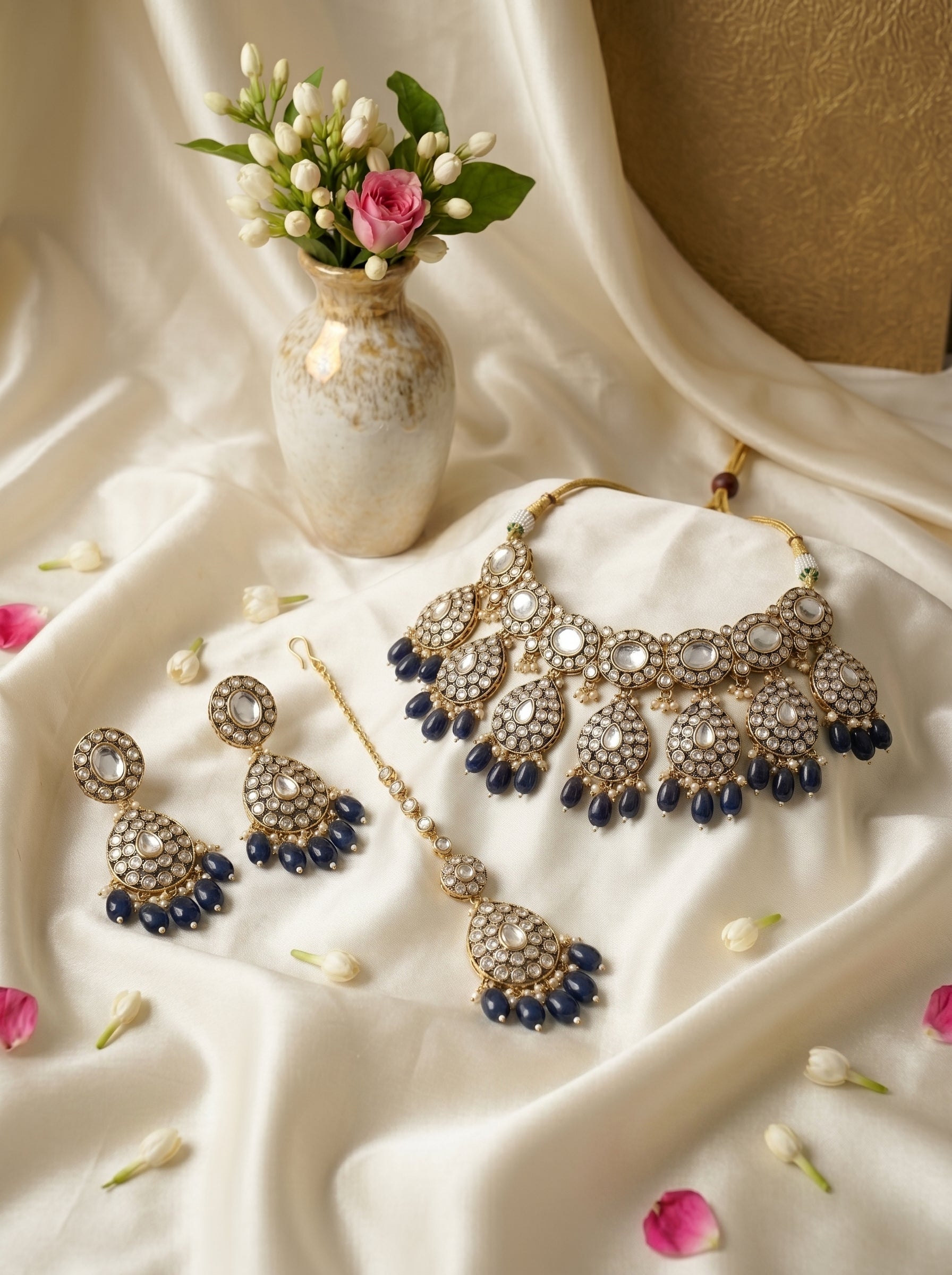 Elegant Turquoise Blue Kundan Choker Necklace Set with Earrings & Maang Tikka – Bridal Statement Jewelry