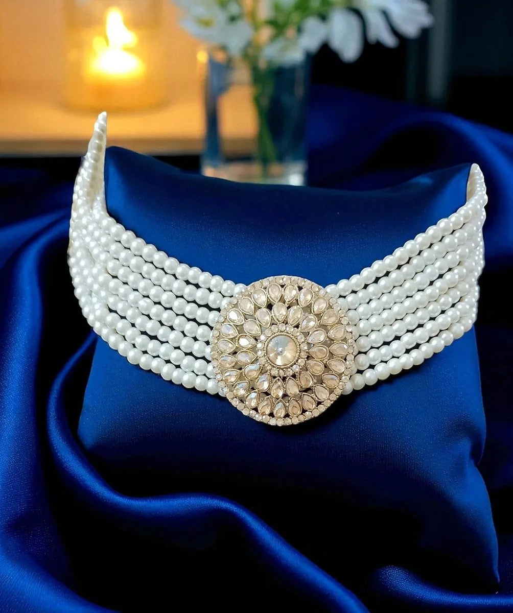 Multi-Layer Pearl Kundan Choker Set with Maang Tikka & Jhumka Earrings – Bridal Statement Jewellery