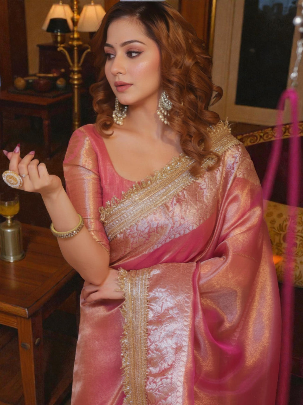 Peach Banarasi Tissue Saree with Elegant Gold Zari Border