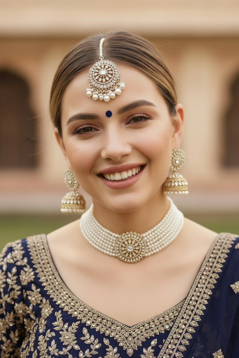 Multi-Layer Pearl Kundan Choker Set with Maang Tikka & Jhumka Earrings – Bridal Statement Jewellery