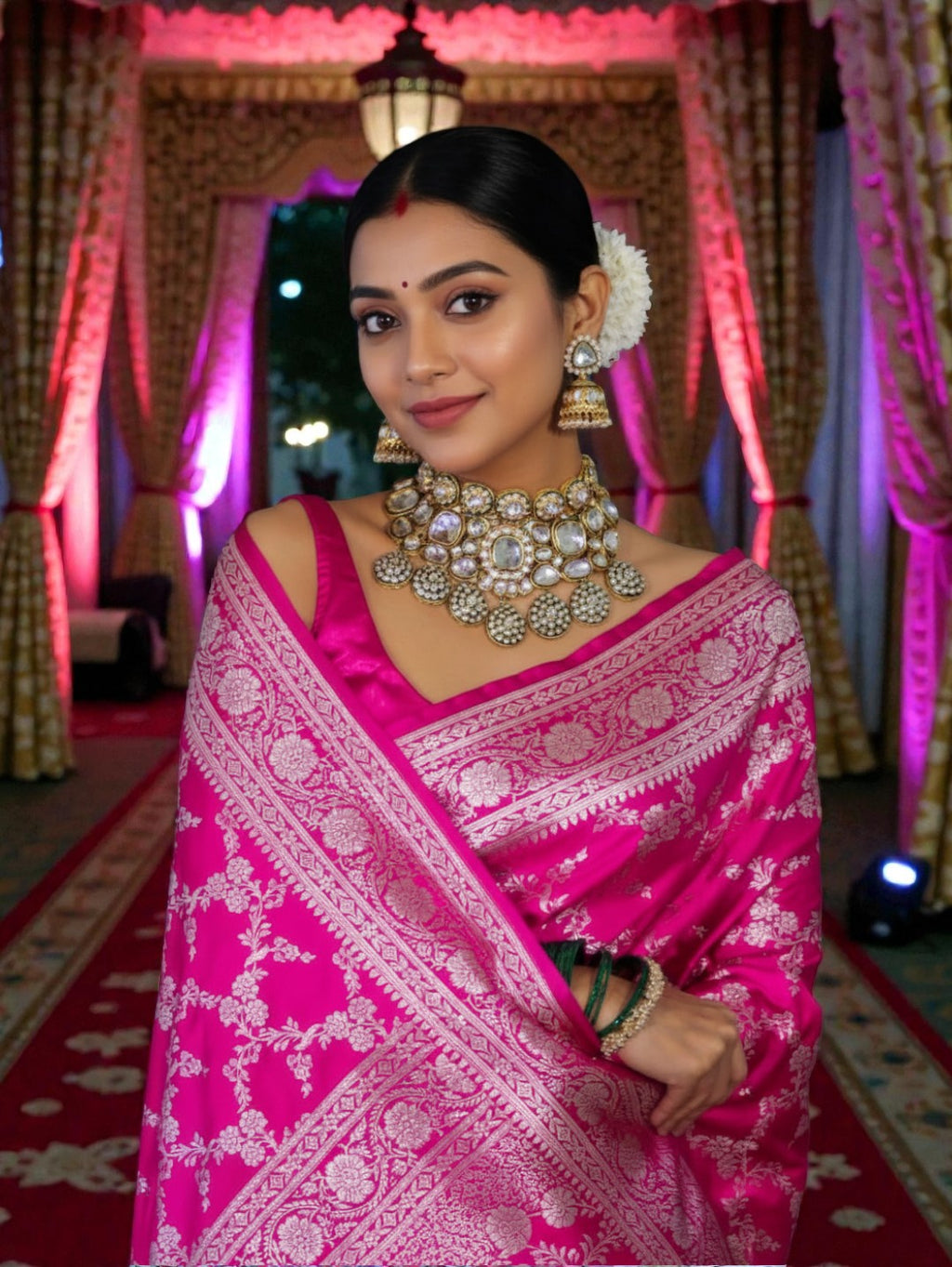 Pink Banarasi Mashru Silk Saree with Floral Jaal Weaving – Traditional Handwoven Banarasi Wedding & Festive Saree