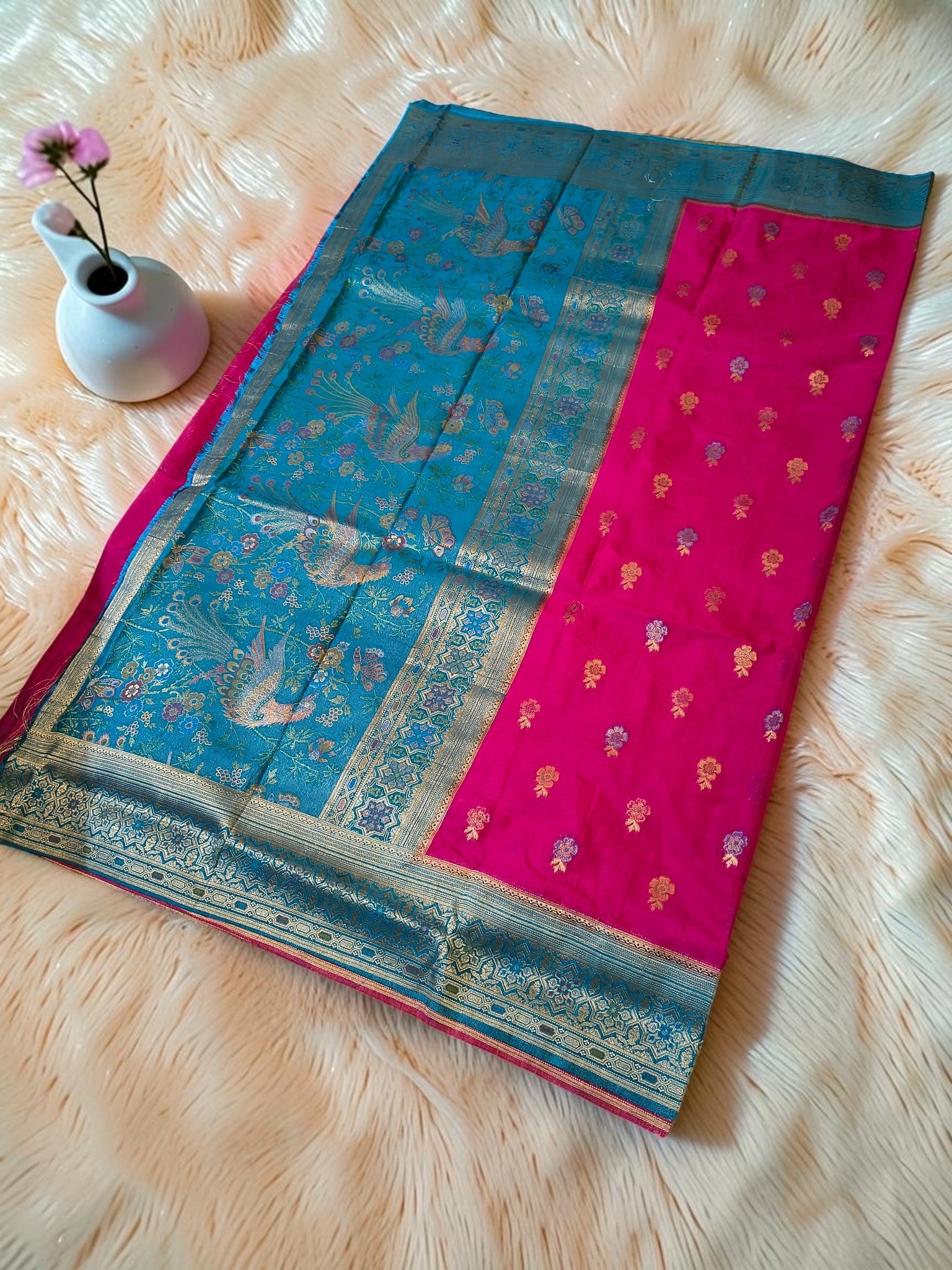Rani Pink Banarasi Semi Silk Saree with Contrast Teal Blue Peacock Woven Pallu & Zari Buti