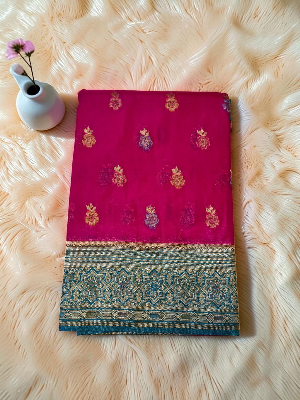 Rani Pink Banarasi Semi Silk Saree with Contrast Teal Blue Peacock Woven Pallu & Zari Buti