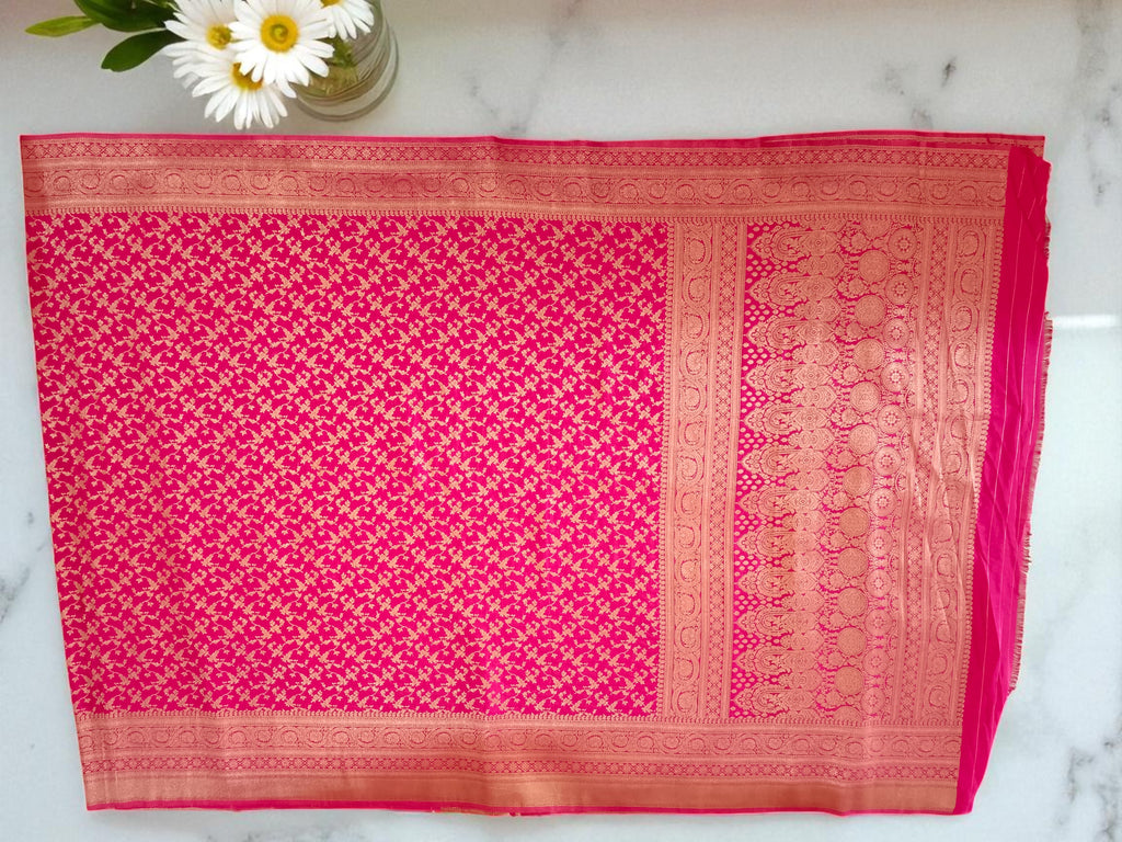 Rani Pink Chinon Silk Saree with Intricate Zari Floral & Paisley Woven Design