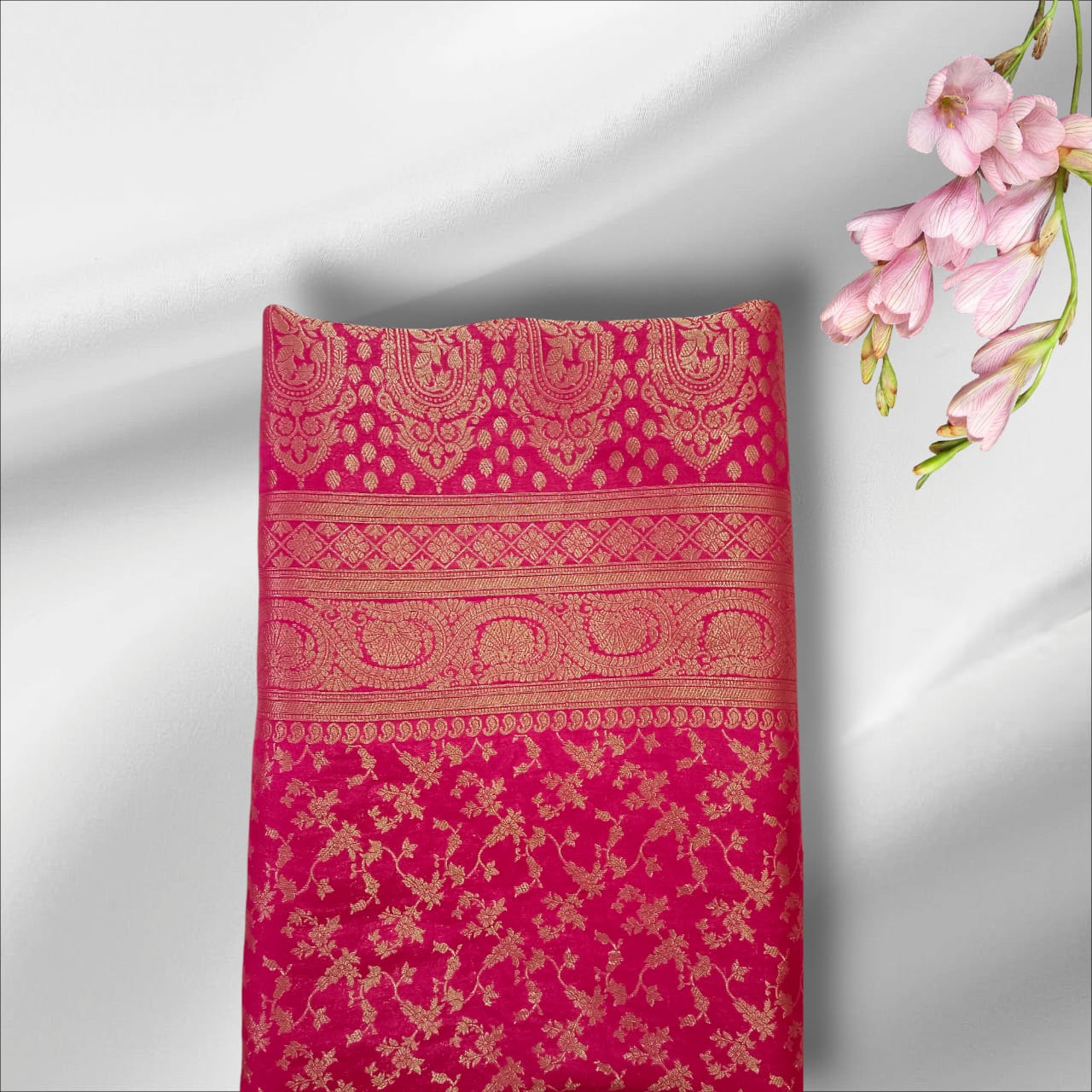 Banarasi Chinon Silk Jaal work  Rani Pink Saree