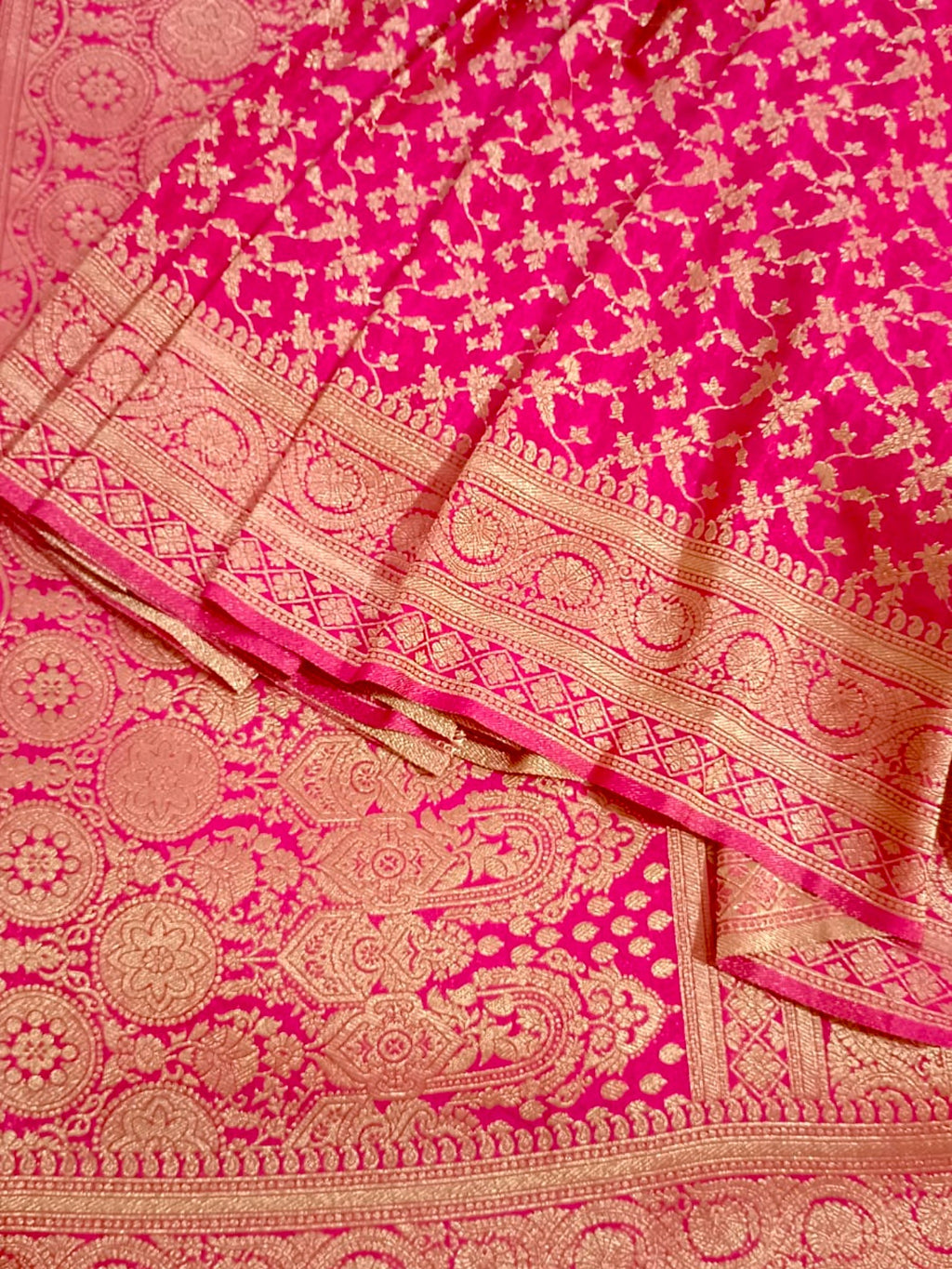 Banarasi Chinon Silk Jaal work  Rani Pink Saree