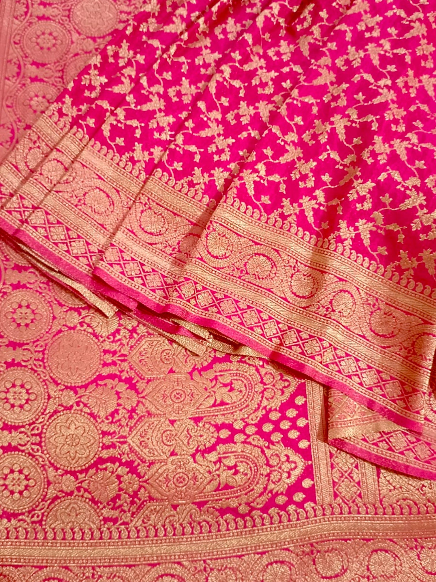 Banarasi Chinon Silk Jaal work  Rani Pink Saree
