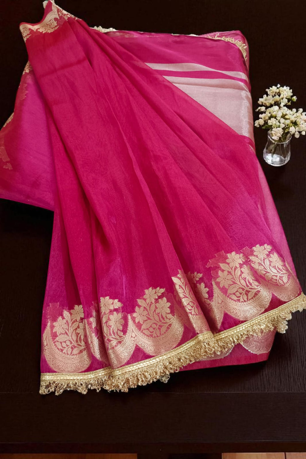 Banarasi Tissue silk Saree with Golden zari floral Scallop border