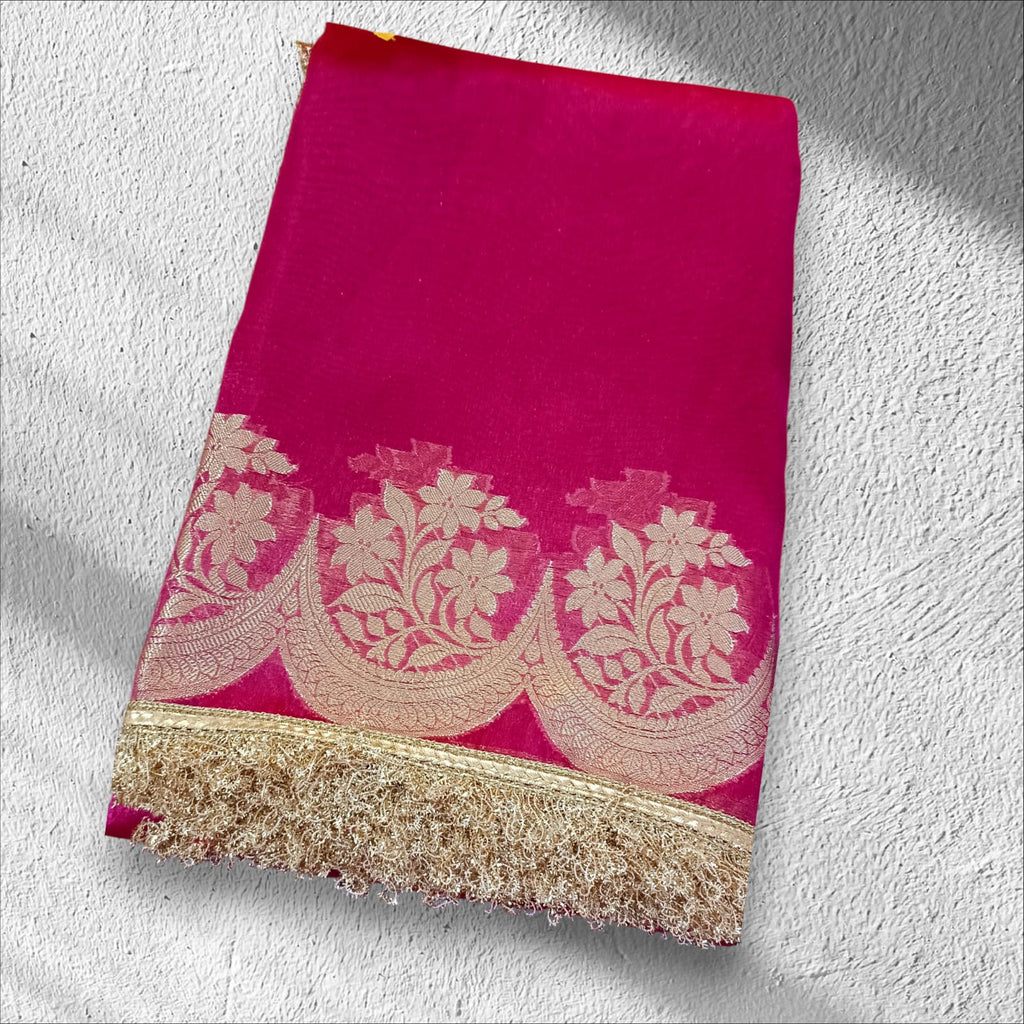 Banarasi Tissue silk Saree with Golden zari floral Scallop border