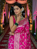 Pink Banarasi Mashru Silk Saree with Floral Jaal Weaving – Traditional Handwoven Banarasi Wedding & Festive Saree