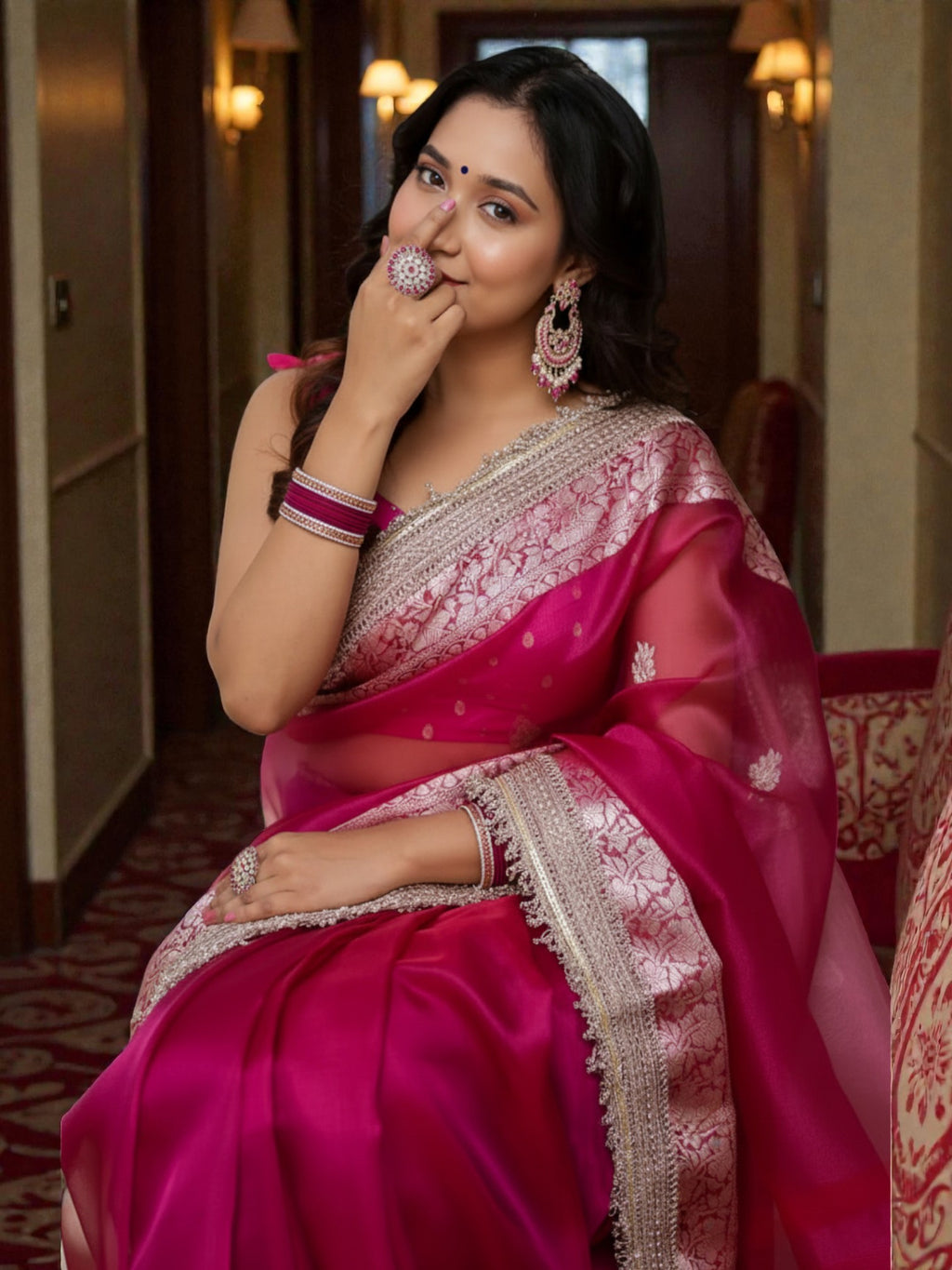 Rani Pink Banarasi Tissue Silk Saree with Rich Zari Border