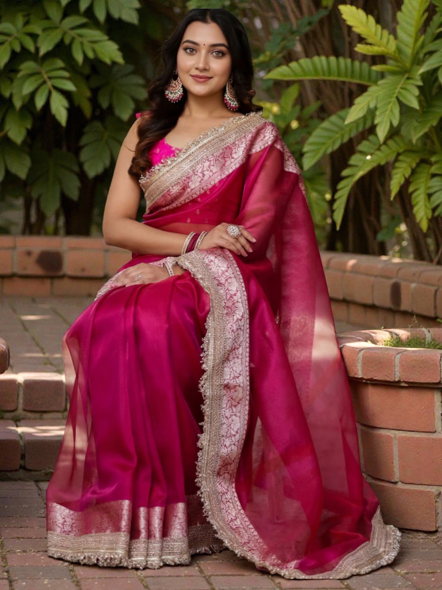 Rani Pink Banarasi Tissue Silk Saree with Rich Zari Border