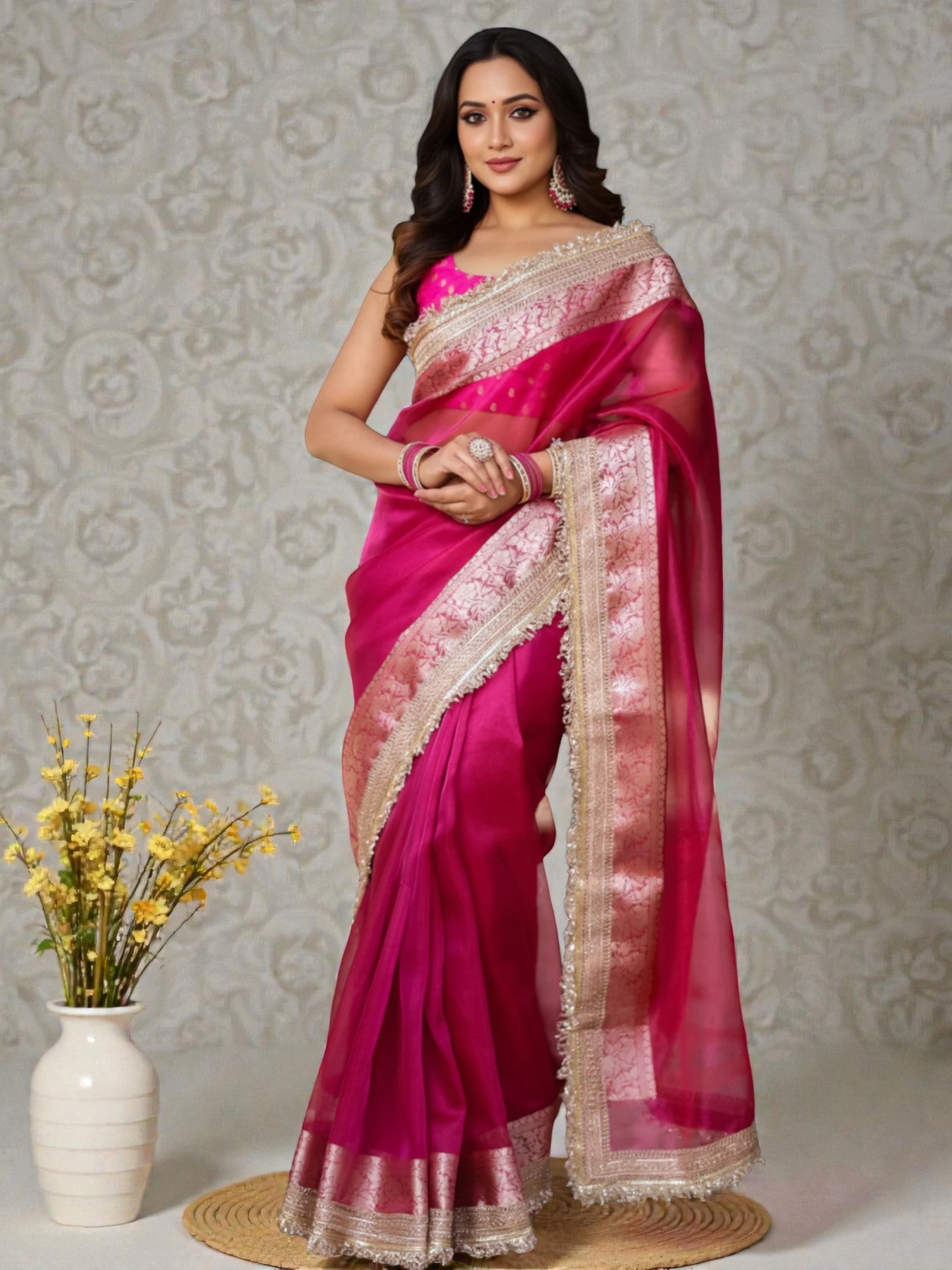 Rani Pink Banarasi Tissue Silk Saree with Rich Zari Border