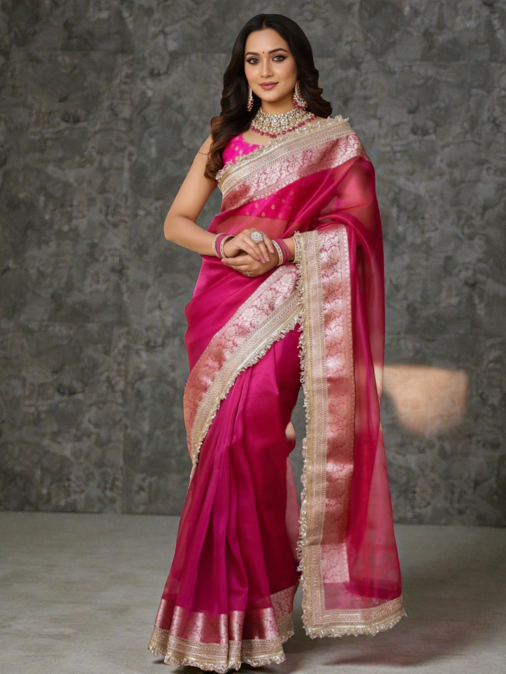 Rani Pink Banarasi Tissue Silk Saree with Rich Zari Border