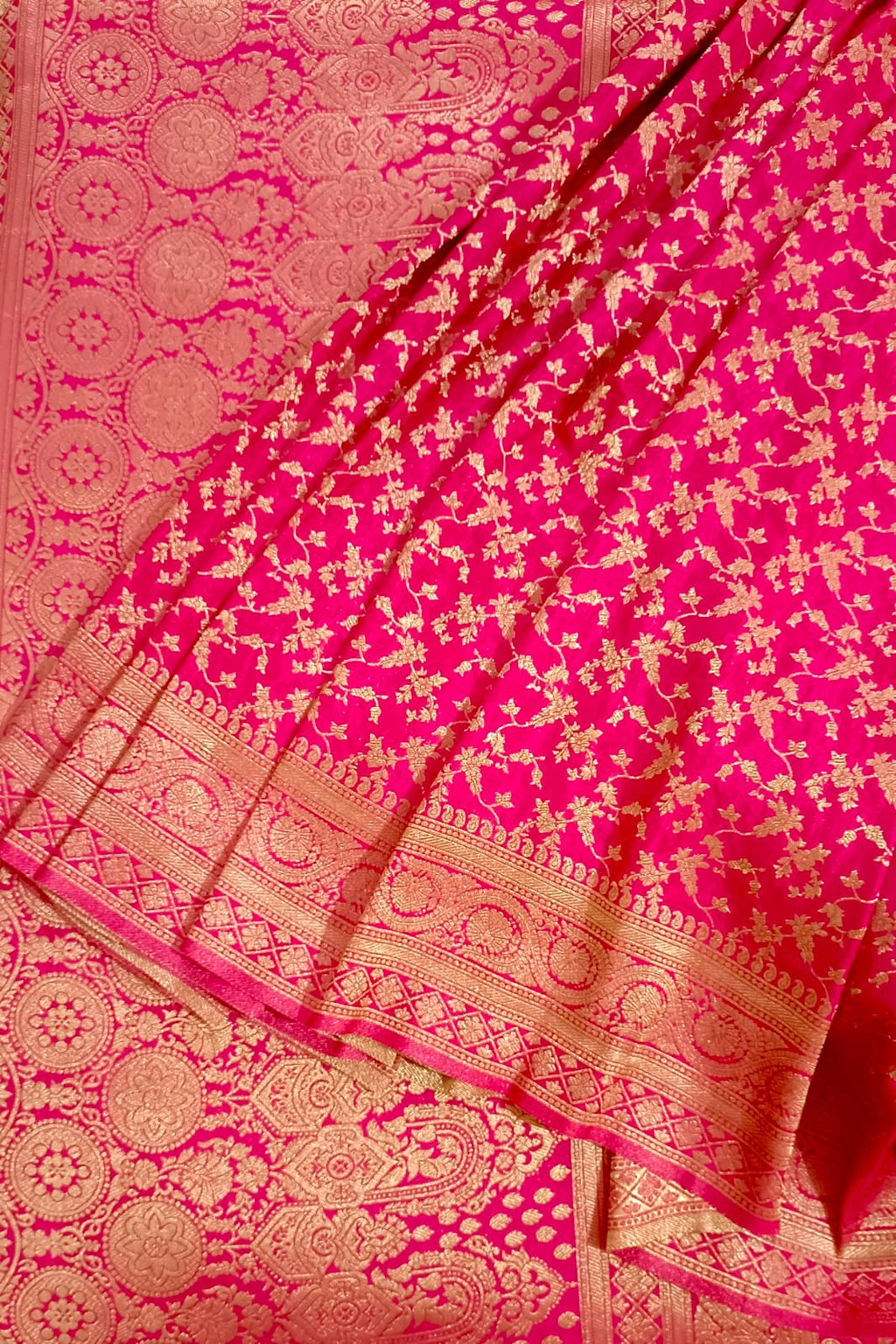 Banarasi Chinon Silk Jaal work  Rani Pink Saree