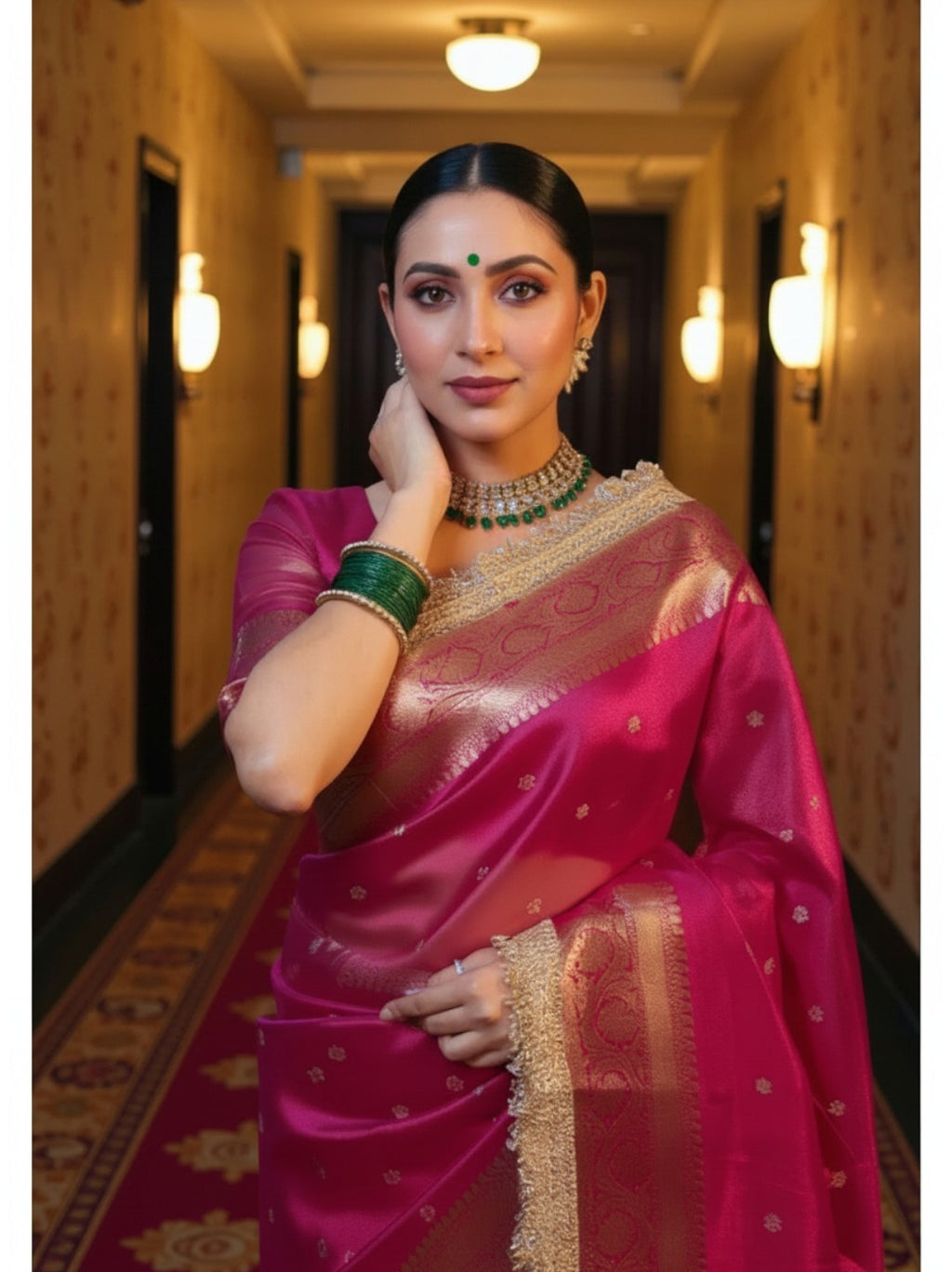 Rani Pink Banarasi Tissue Saree with Rich Gold Zari Border