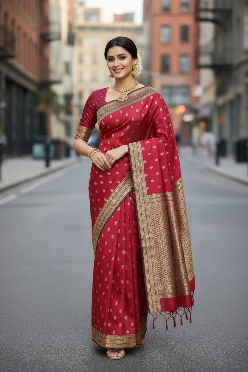 Royal Red Banarasi Semi Katan Silk Saree with Contrast Gold Zari Weaving & Rich Pallu