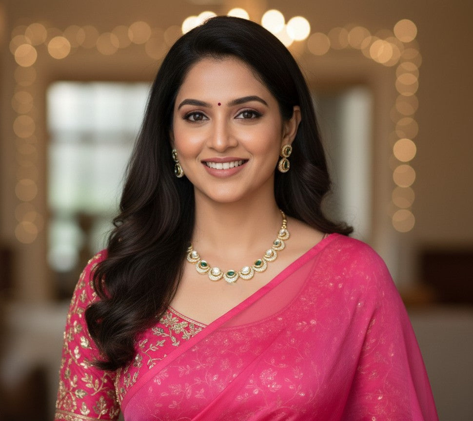 Moissanite Kundan Short Necklace Set with Earrings – White & Emerald Green | Bridal & Festive Jewellery