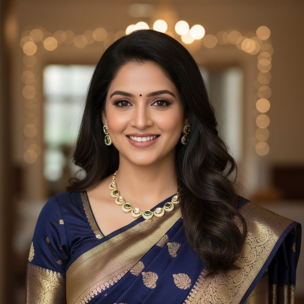 Moissanite Kundan Short Necklace Set with Earrings – White & Emerald Green | Bridal & Festive Jewellery