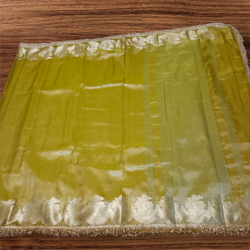 Banarasi Tissue silk Saree with Golden zari floral Scallop border