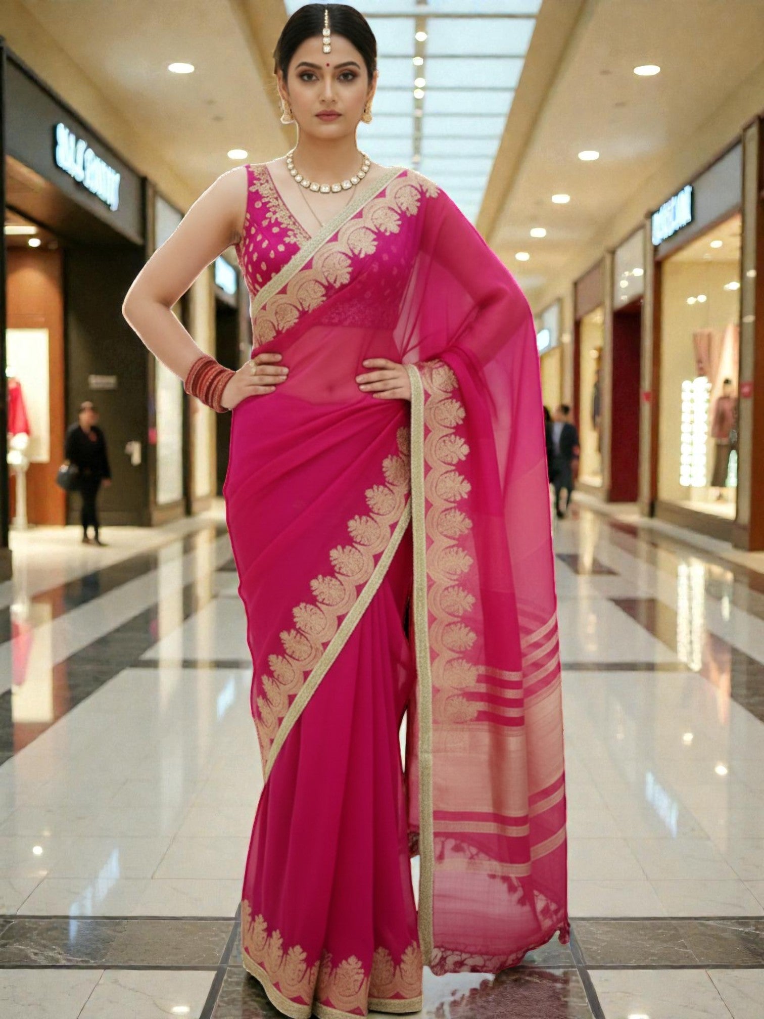 Banarasi Tissue silk Saree with Golden zari floral Scallop border