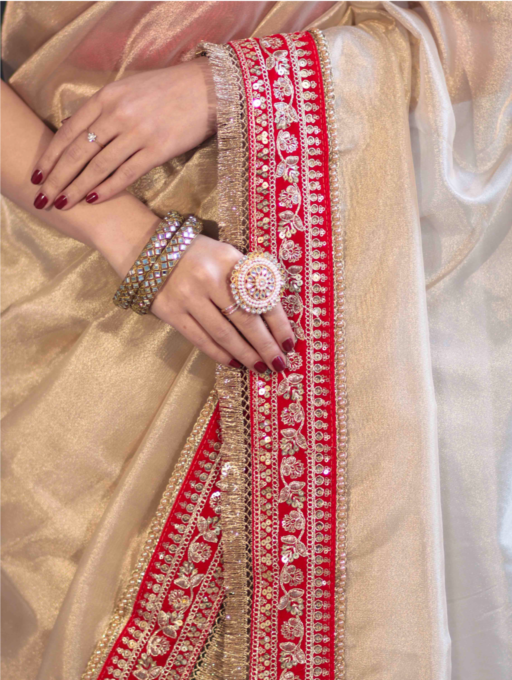 Banarasi Tissue Silk off white Saree with red Lace Border
