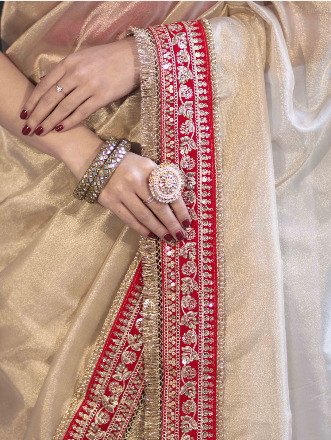 Banarasi Tissue Silk off white Saree with red Lace Border