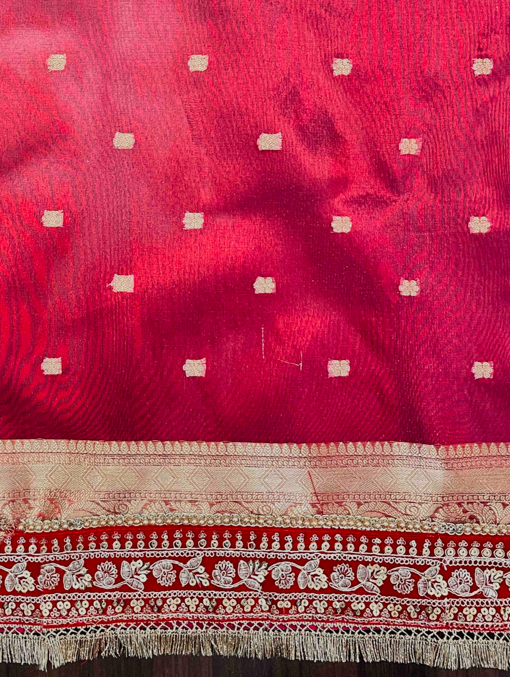 Banarasi Tissue Silk off white Saree with red Lace Border